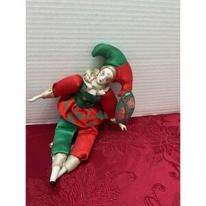 Sugar Loaf Classiques Toys Porcelain Jester Doll Red Green Harlequin Vintage 9"